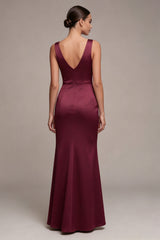 Mermaid Burgundy Corset Satin Maxi Formal Dress with Slit