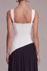 Black and White ColorBlock A Line Pleated Formal Dress with Slit
