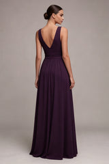 Plum A Line Pleated Ruched Maxi Formal Dress with Slit