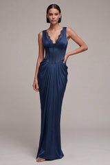 Navy Corset Lace Pleated Mermaid Maxi Formal Dress