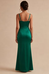 Dark Green Satin Mermaid Ruched Maxi Formal Dress