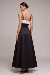 A Line Black and White Ruched Maxi Formal Dress