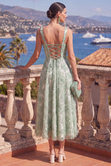 Square Neck Green Floral A Line Beaded Wedding Guest Dress
