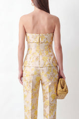 Strapless Yellow Floral 2 Piece Slim Fit Women Suits