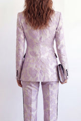 Peaked Lapel Purple Floral Brocade 2 Piece Women's Suits