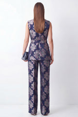 Shawl Lapel 2 Piece Navy Floral Sleeveless Women's Suits with Belt
