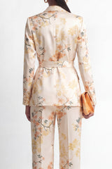 Shawl Lapel 2 Piece Champagne Floral Women's Suits with Belt