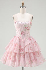 Strapless A-Line Pink Corset Floral Tiered Homecoming Dress