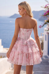 Strapless A-Line Pink Corset Floral Tiered Homecoming Dress