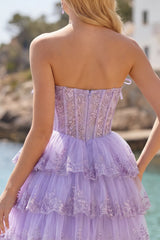 Strapless Floral Corset Tulle A-Line Lilac Tiered Homecoming Dress