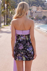 Strapless Black Floral Bodycon Sequin Homecoming Dress with Large Bow