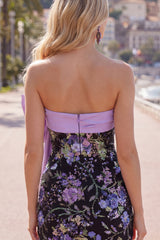 Strapless Black Floral Bodycon Sequin Homecoming Dress with Large Bow