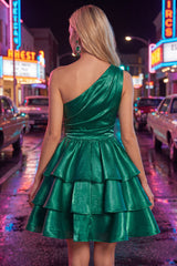 Dark Green One Shoulder A Line Metallic 80s Homecoming Dress