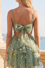 A-Line Corset Dusty Sage Tulle Floral Homecoming Dress with Bow