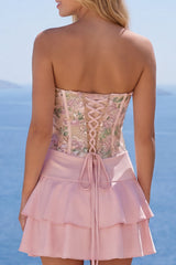 A-Line Spaghetti Straps Pink Floral Ruffled Homecoming Dress