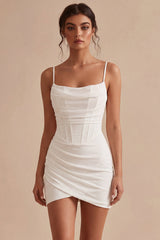 Corset Bodycon Spaghetti Straps Little White Dress With Ruch