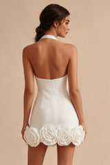 Halter Satin Bodycon Corset Little White Dress With 3D Flower