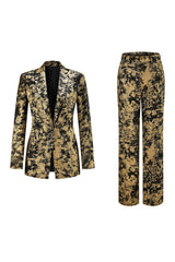 Sparkly Black Golden Notched Lapel 2 Piece Women Prom Suit