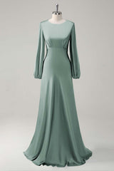 Eucalyptus Satin Round Neck Modest Bridesmaid Dress with Long Sleeves