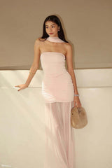 Caspian Slinky And Mesh Off Shoulder Maxi Dress - Pale Pink