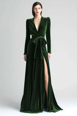 Dark Green Velvet Long Sleeve Formal Dress With Slit