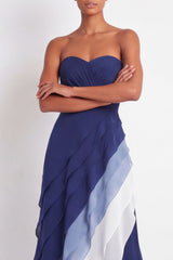 Blue Strapless A Line Ruched Ruffled Maxi Formal Dress