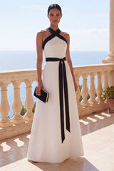 Halter A Line Black White Maxi Formal Dress with Sash