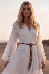 Long Sleeve White A Line Lace Maxi Boho Wedding Dress