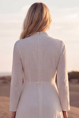 White Ruched Long Sleeve A Line Wedding Dress