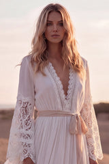 Long Sleeve Lace White A Line Pleated Wedding Dress with Belt