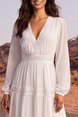 Long Sleeve White A Line Lace Pleated Maxi Wedding Dress