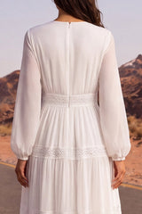 Long Sleeve White A Line Lace Pleated Maxi Wedding Dress