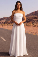 White Strapless A Line Ruched Maxi Wedding Dress