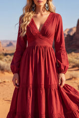 Red Long Sleeve A Line Ruffled Boho Midi Dress