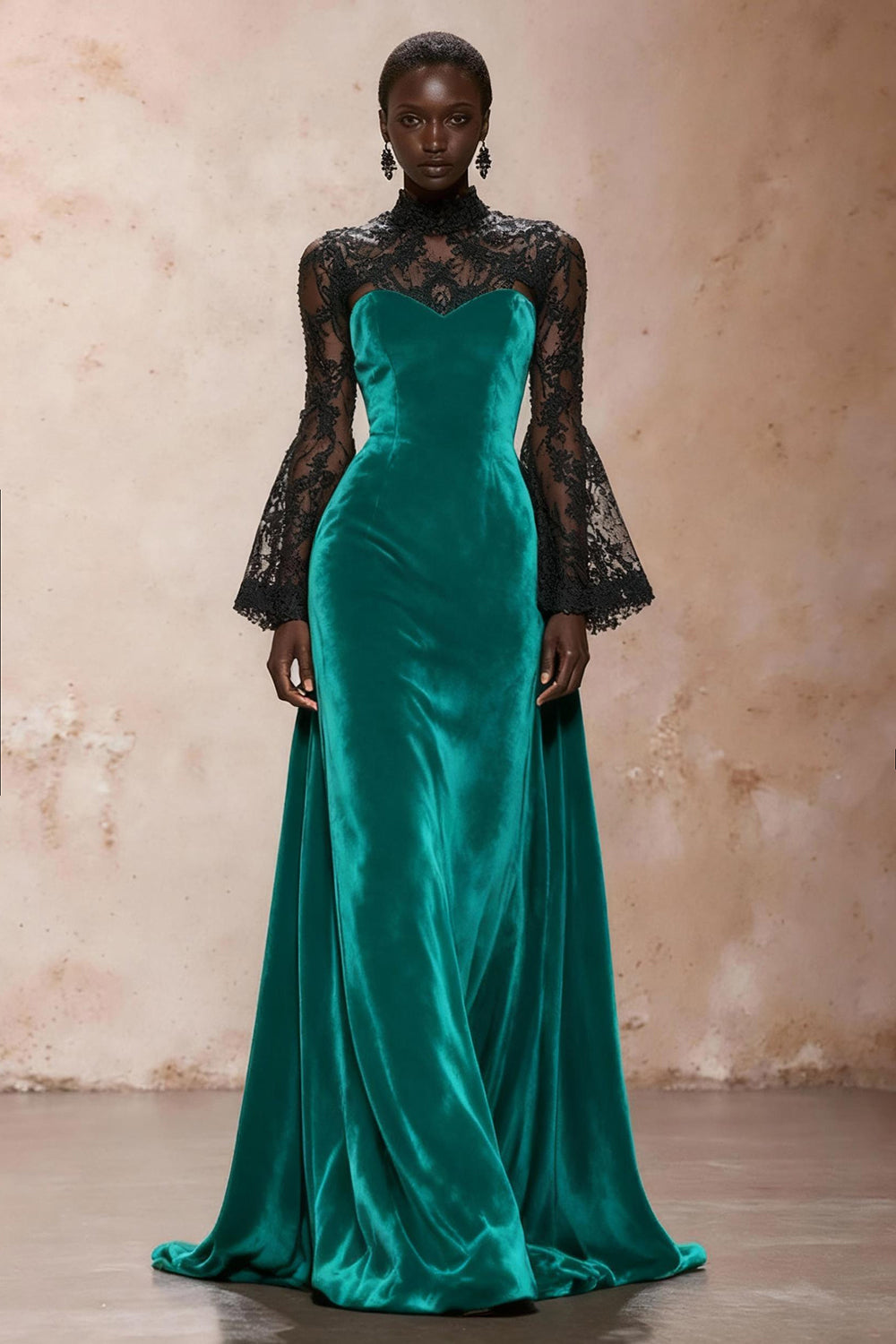 Black Velvet High Neck Evening Dress with Lace