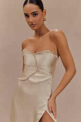 Larissa Satin Maxi Dress With Ruched Petals - Blush Gold