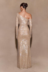 Marcia Diamante Long Sleeve Maxi Dress - Nude