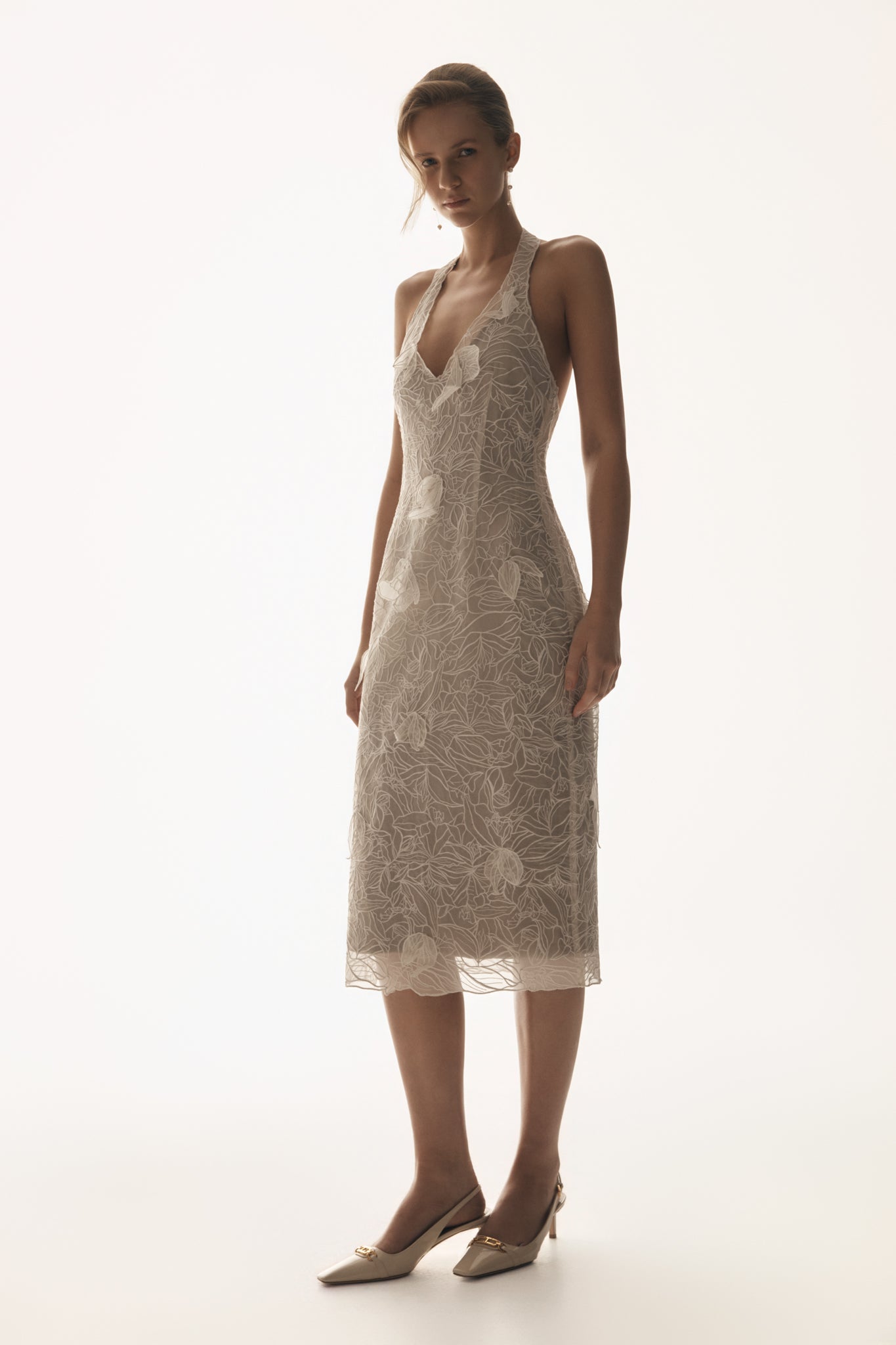 Lenore Silk Lace Halter Midi Dress - Ivory