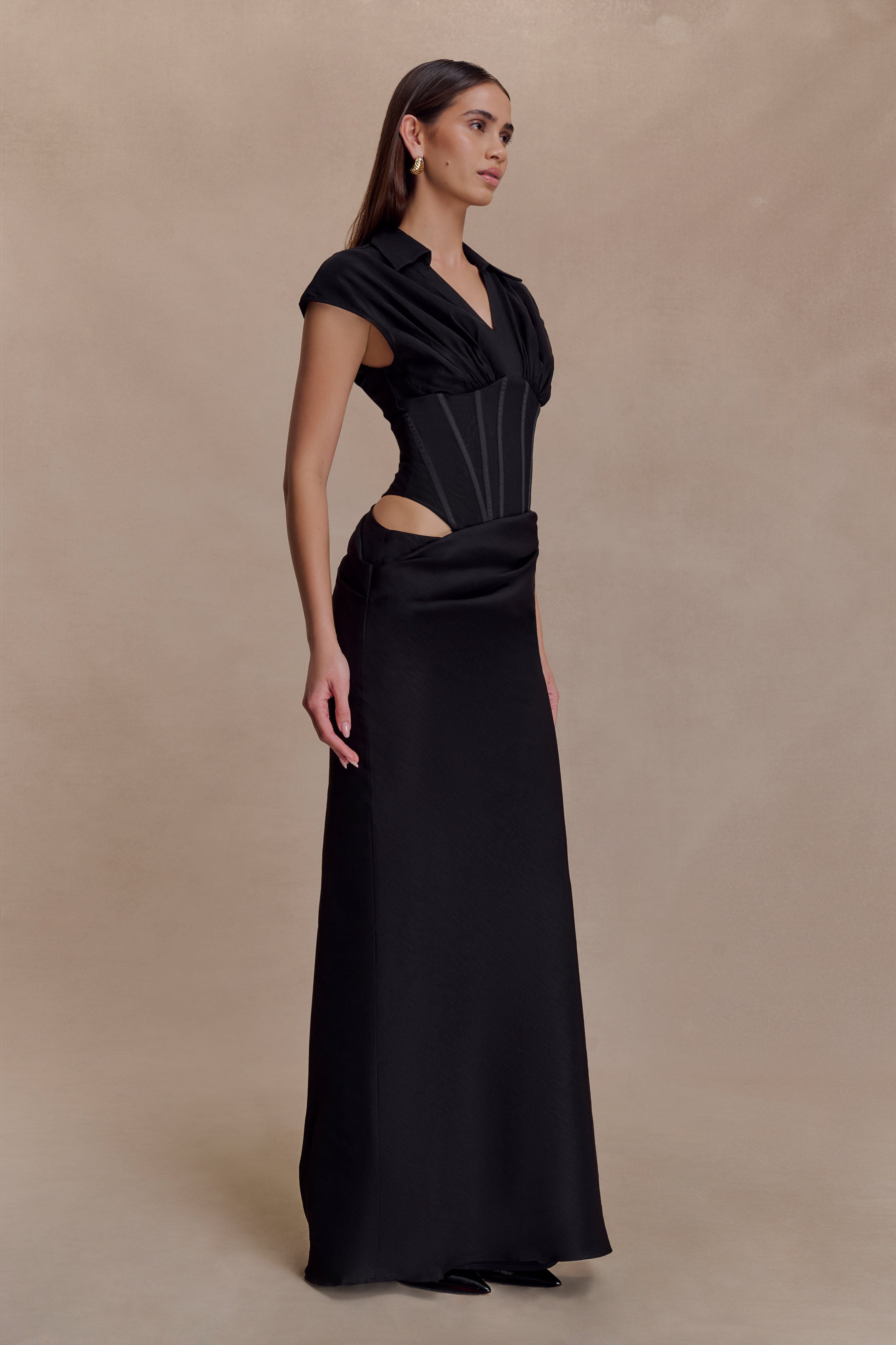 Saphira Shirt Corset Maxi Dress - Black