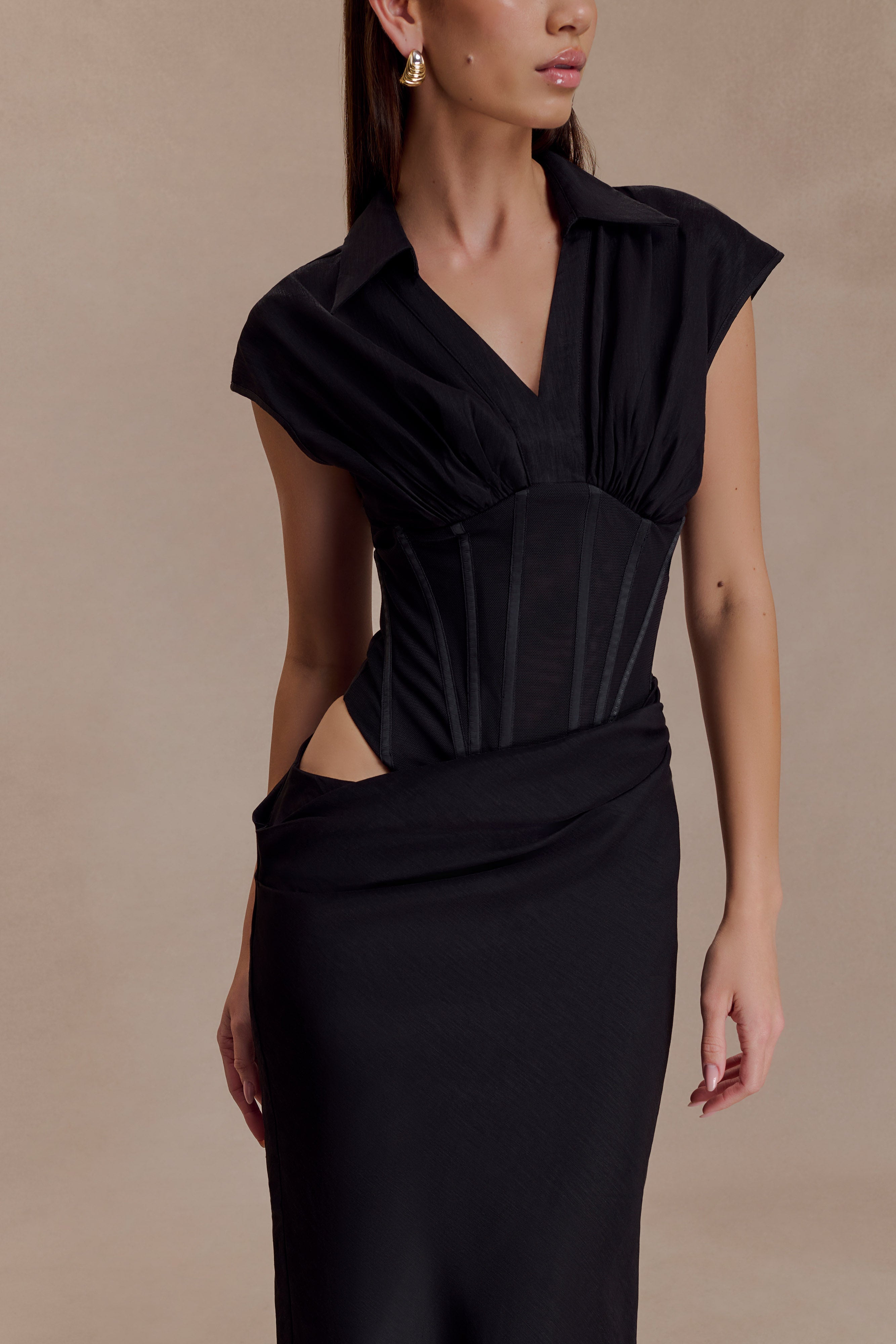 Saphira Shirt Corset Maxi Dress - Black