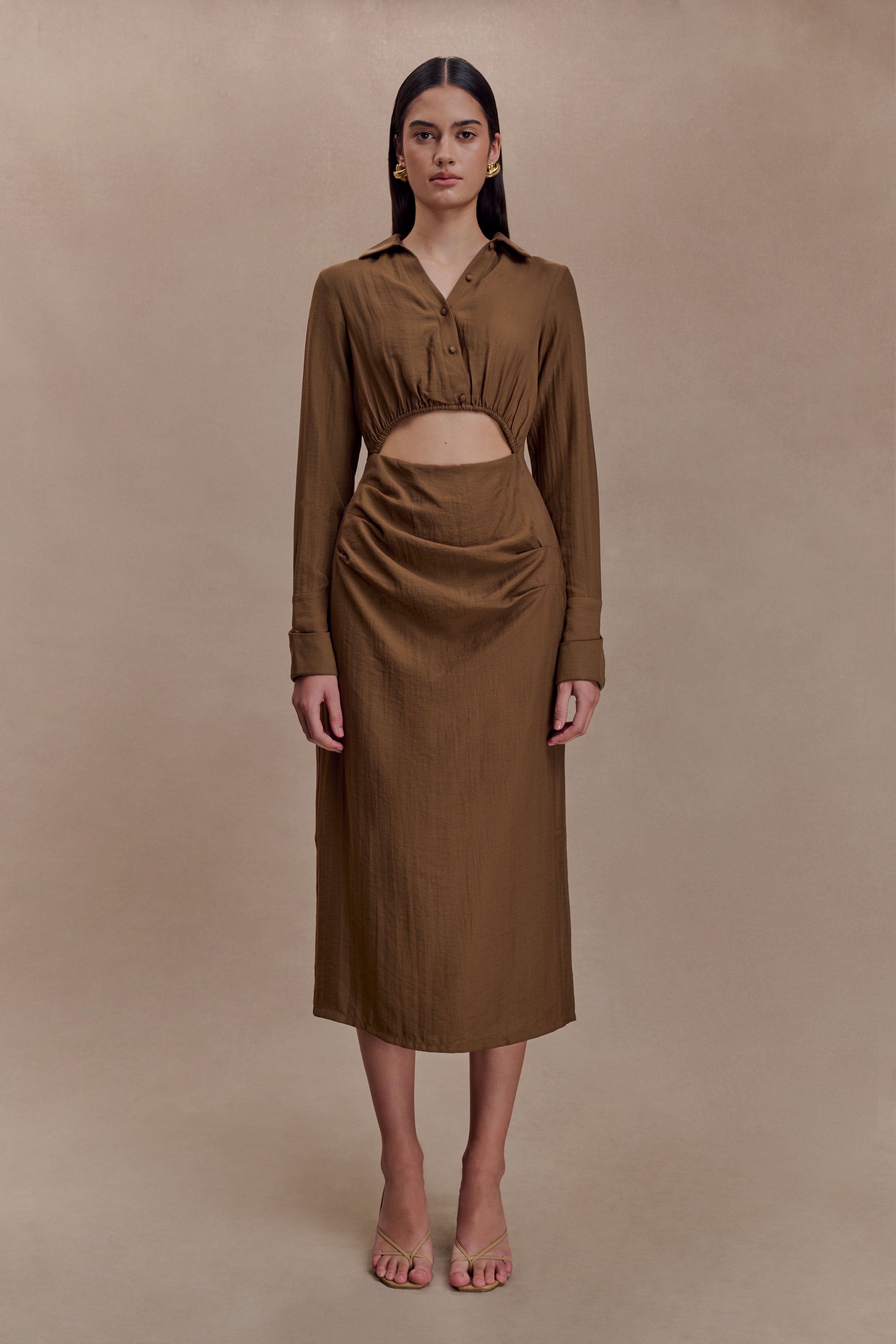Cecilie Cut Out Shirt Midi Dress - Dark Chocolate