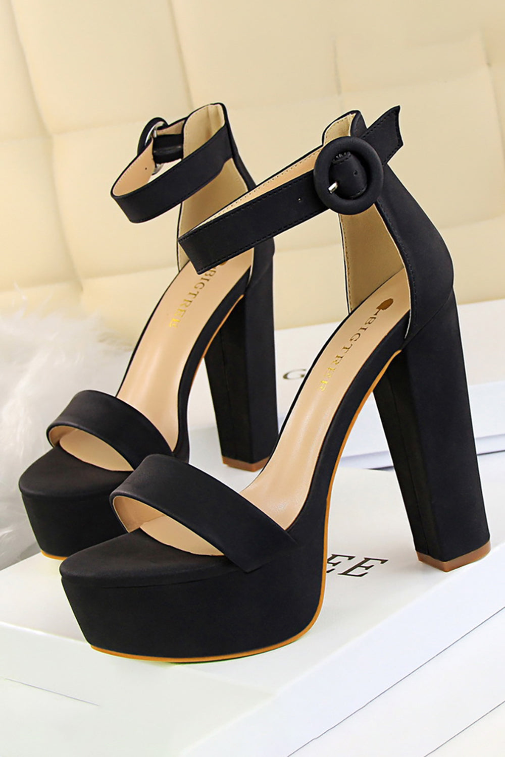 Khaki Chunky High Heel Sandals