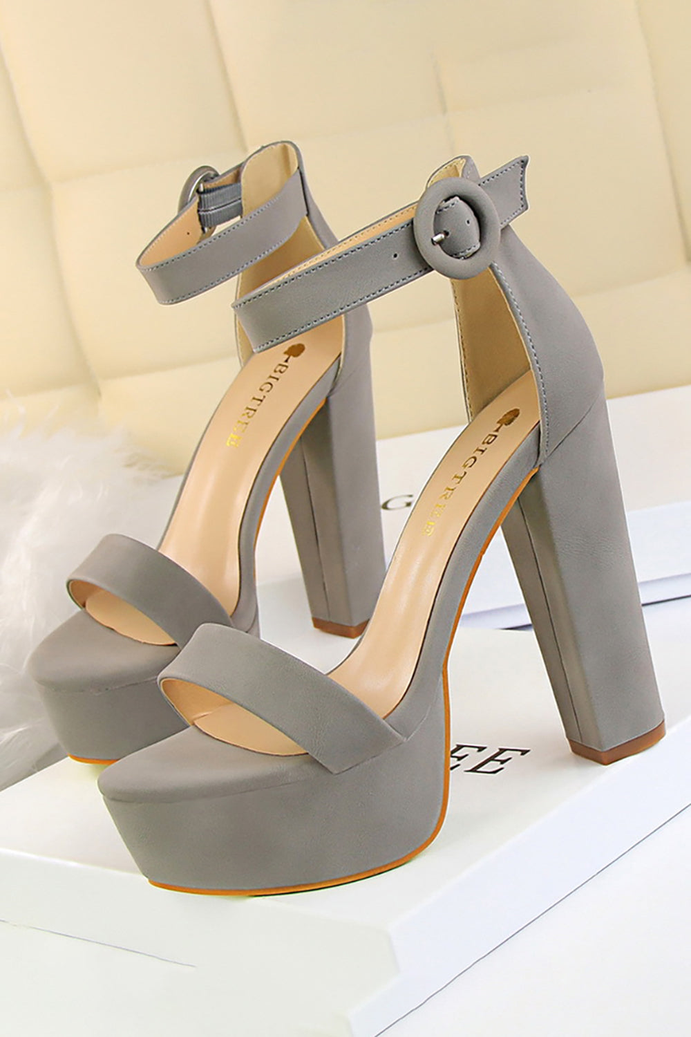 Khaki Chunky High Heel Sandals