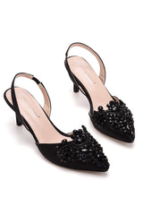 Black Rhinestone Heel Slingback Sandals Pointed Toe Slip On Block Heels