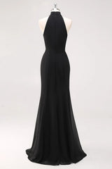 Halter Ruffle Mermaid Black Tie Dress with Slit