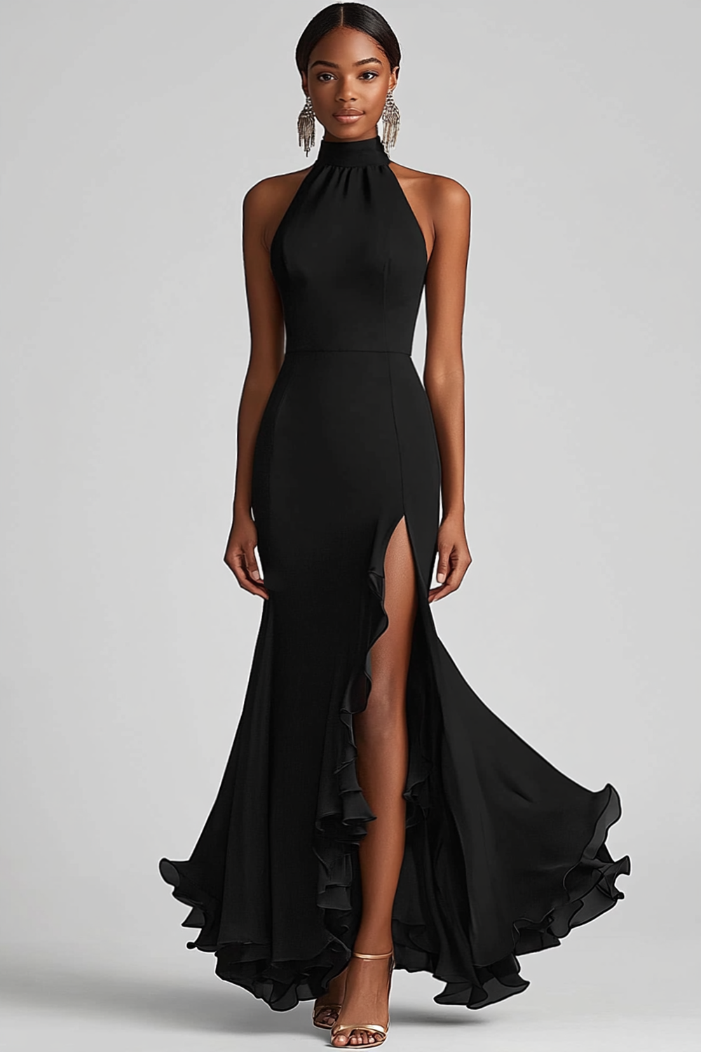 Halter Ruffle Mermaid Black Tie Dress with Slit