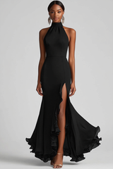 Halter Ruffle Mermaid Black Tie Dress with Slit