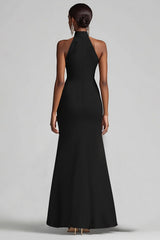 Halter Ruffle Mermaid Black Tie Dress with Slit