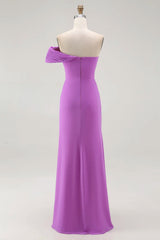 One Shoulder Purple Ruched Sheath Long Formal Dress with Slit