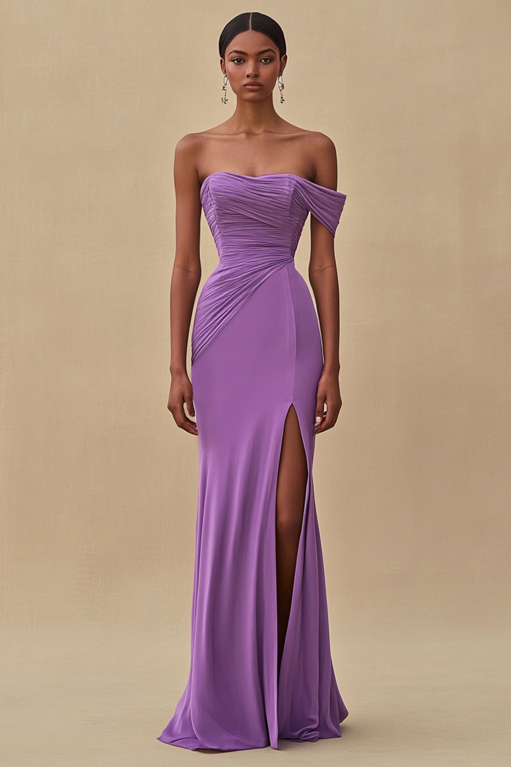One Shoulder Purple Ruched Sheath Long Formal Dress with Slit